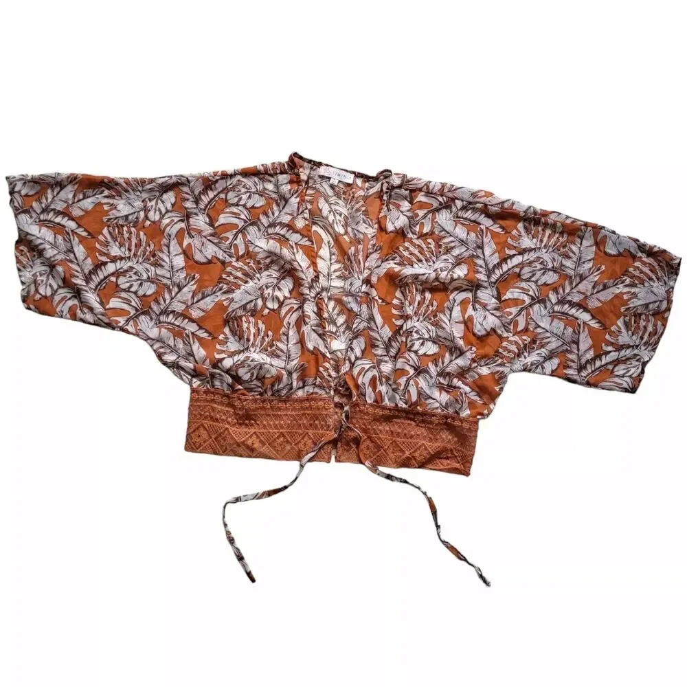 TIMING Blouse Womens XL Orange Wide Sleeve Lace Tie Front Tropical Print Boho - Picture 7 of 7